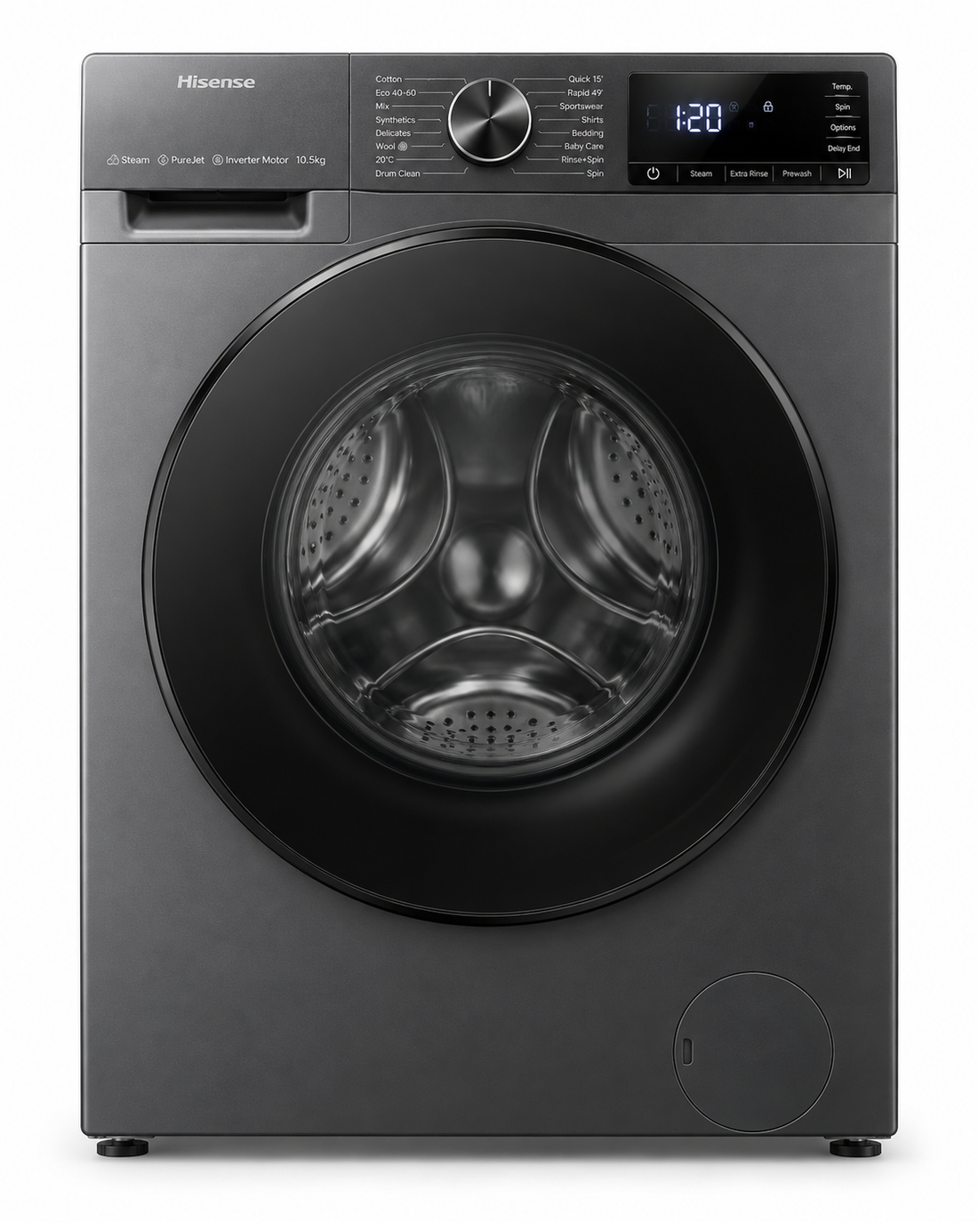 Hisense 3M Series 10.5kg Front Load Washing Machine, 1400 RPM, Direct Drive Inverter, Colour Display – WF3M1042DB - Teq Souq