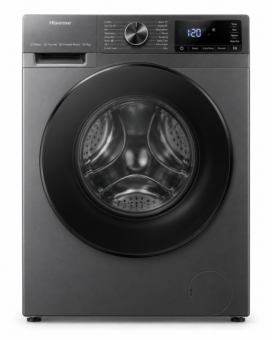 Hisense 3M Series 10.5kg Front Load Washing Machine, 1400 RPM, Direct Drive Inverter, Colour Display – WF3M1042DB - Teq Souq