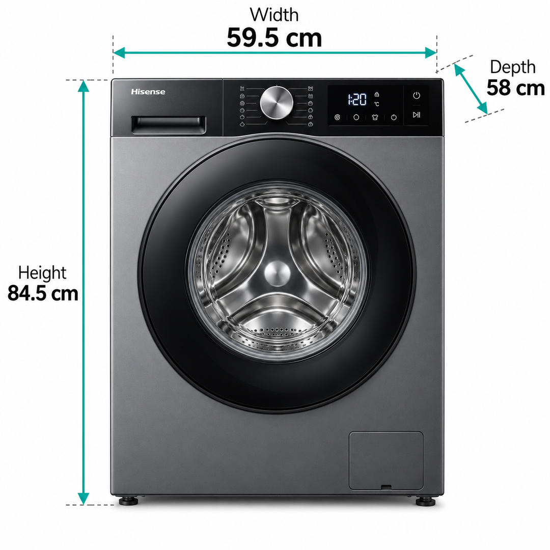 Hisense 3S Series 9kg Front Load Washing Machine, 1400 RPM, Inverter Motor, Smart Wi-Fi, Titanium Grey – WF3S9043BT - Teq Souq