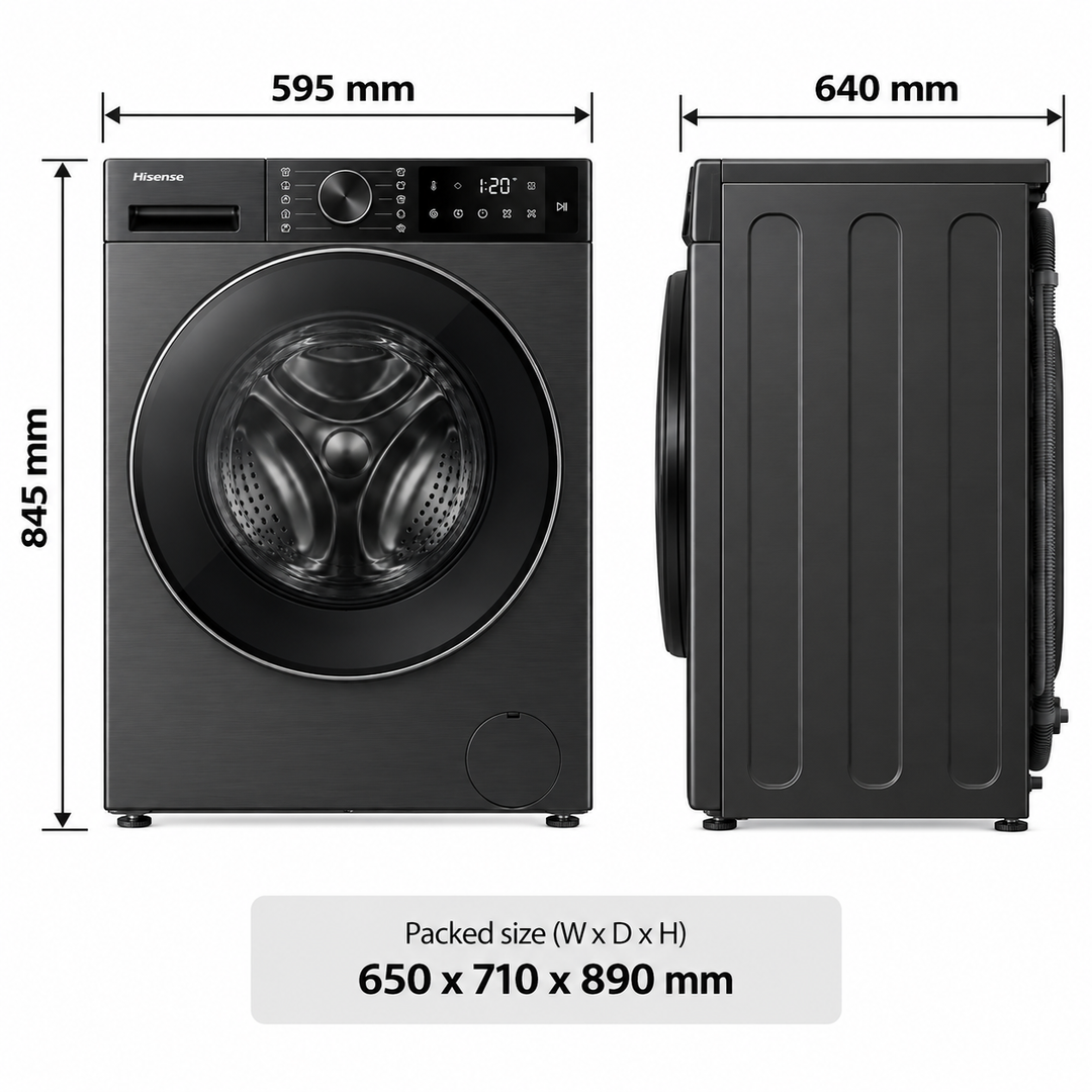 Hisense 5S Series 12kg Front Load Washing Machine, 1400 RPM, Inverter Motor, Smart Wi-Fi, Auto Dosing, Black – WF5S1245BB - Teq Souq