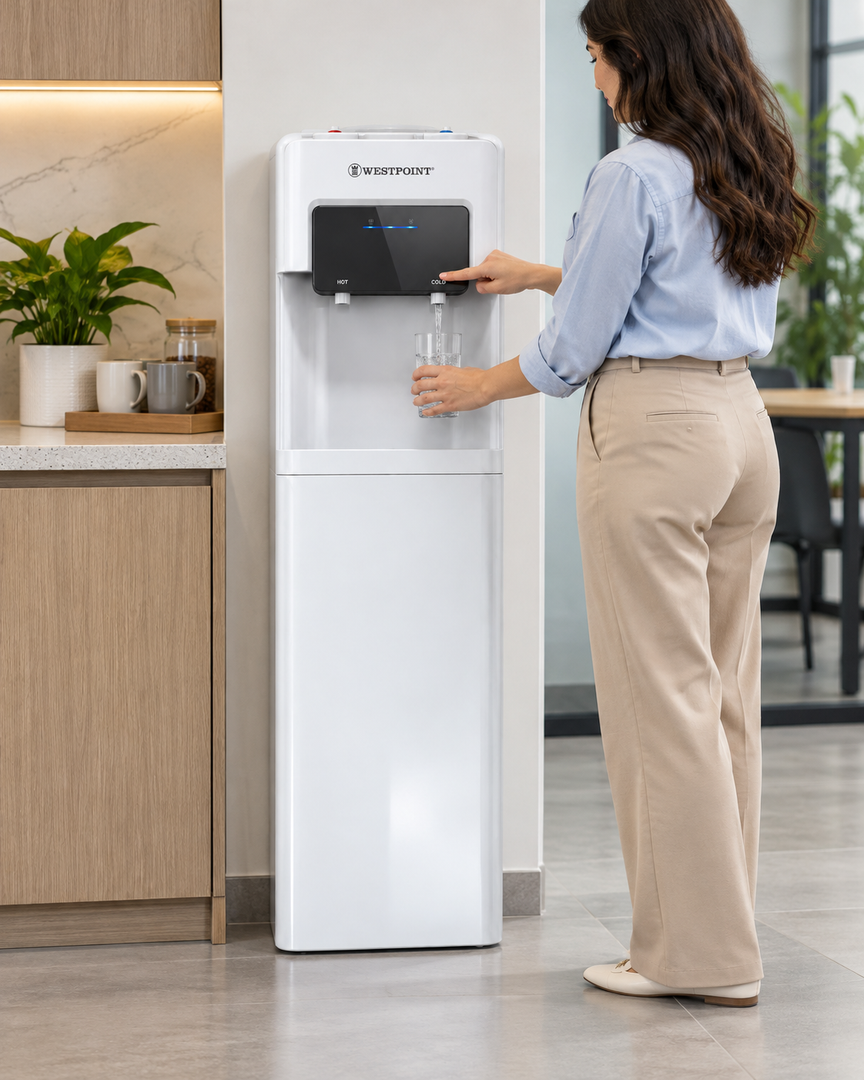 Westpoint Top Load Hot & Cold Water Dispenser, 2 Taps, Built-in Refrigerator, White – WFQN-3017DP - Teq Souq