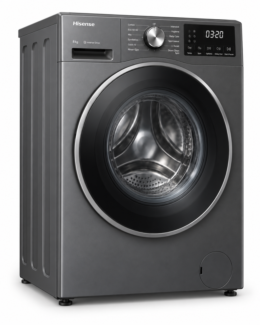 Hisense 8kg Front Load Washing Machine, 1200 RPM, Inverter Motor, Jet Wash, Titanium Grey – WFQP8012JTS - Teq Souq