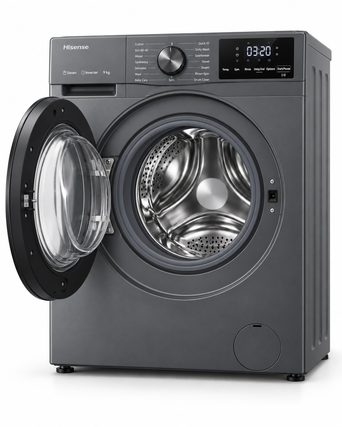 Hisense 9kg Front Load Washing Machine, 1400 RPM, Inverter Motor, Steam Wash, Titanium Grey – WFQP9014T - Teq Souq
