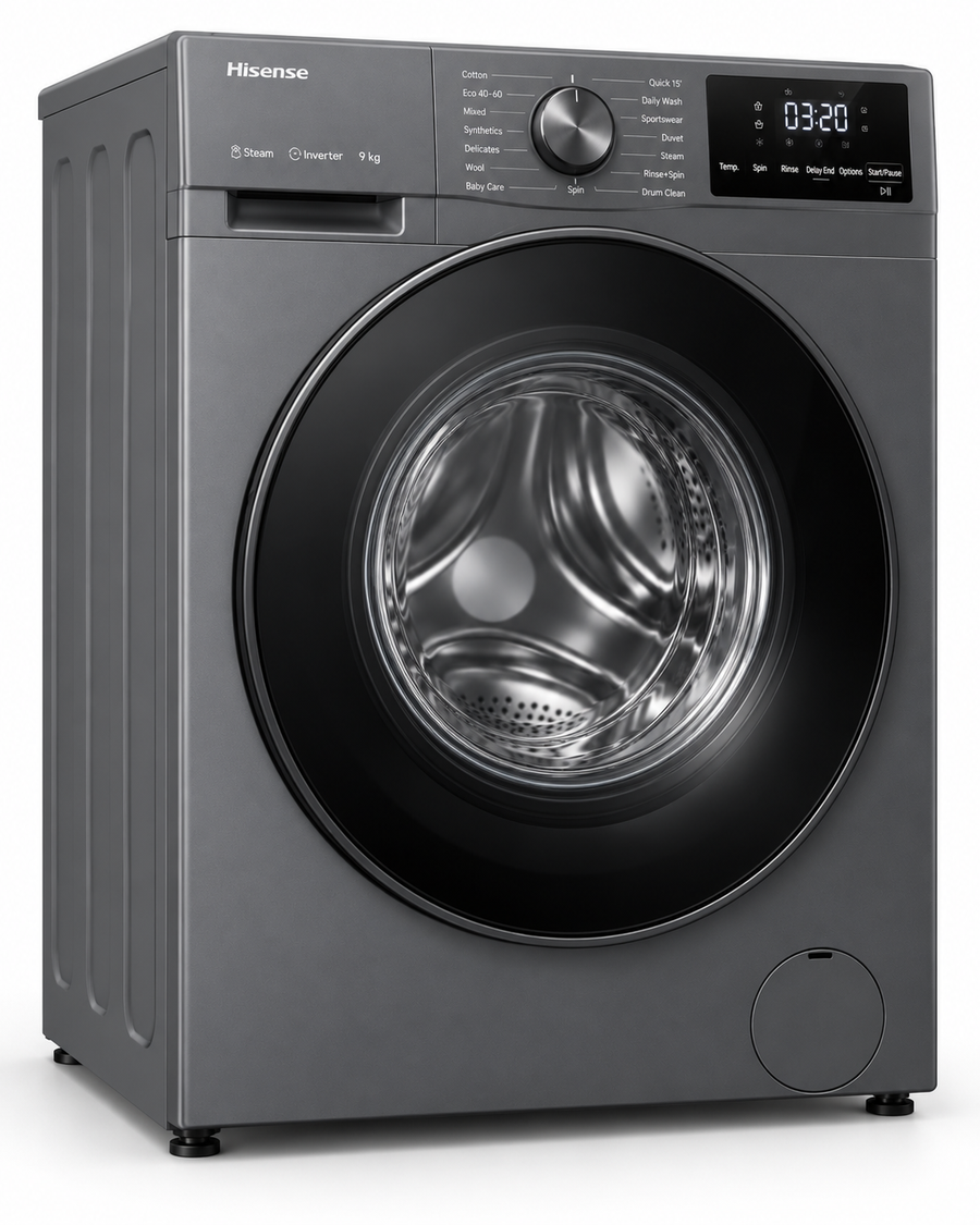Hisense 9kg Front Load Washing Machine, 1400 RPM, Inverter Motor, Steam Wash, Titanium Grey – WFQP9014T - Teq Souq