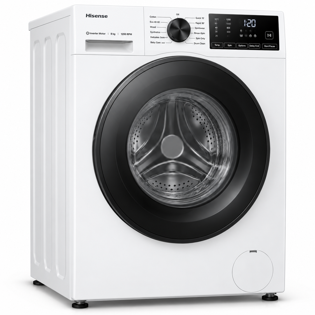 Hisense 8kg Front Load Washing Machine, 1200 RPM, Inverter Motor, Steam Wash, White – WFSQ8012VMW - Teq Souq
