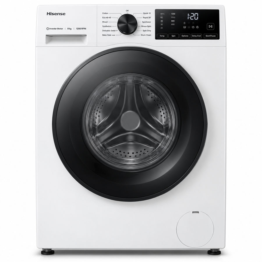 Hisense 8kg Front Load Washing Machine, 1200 RPM, Inverter Motor, Steam Wash, White – WFSQ8012VMW - Teq Souq