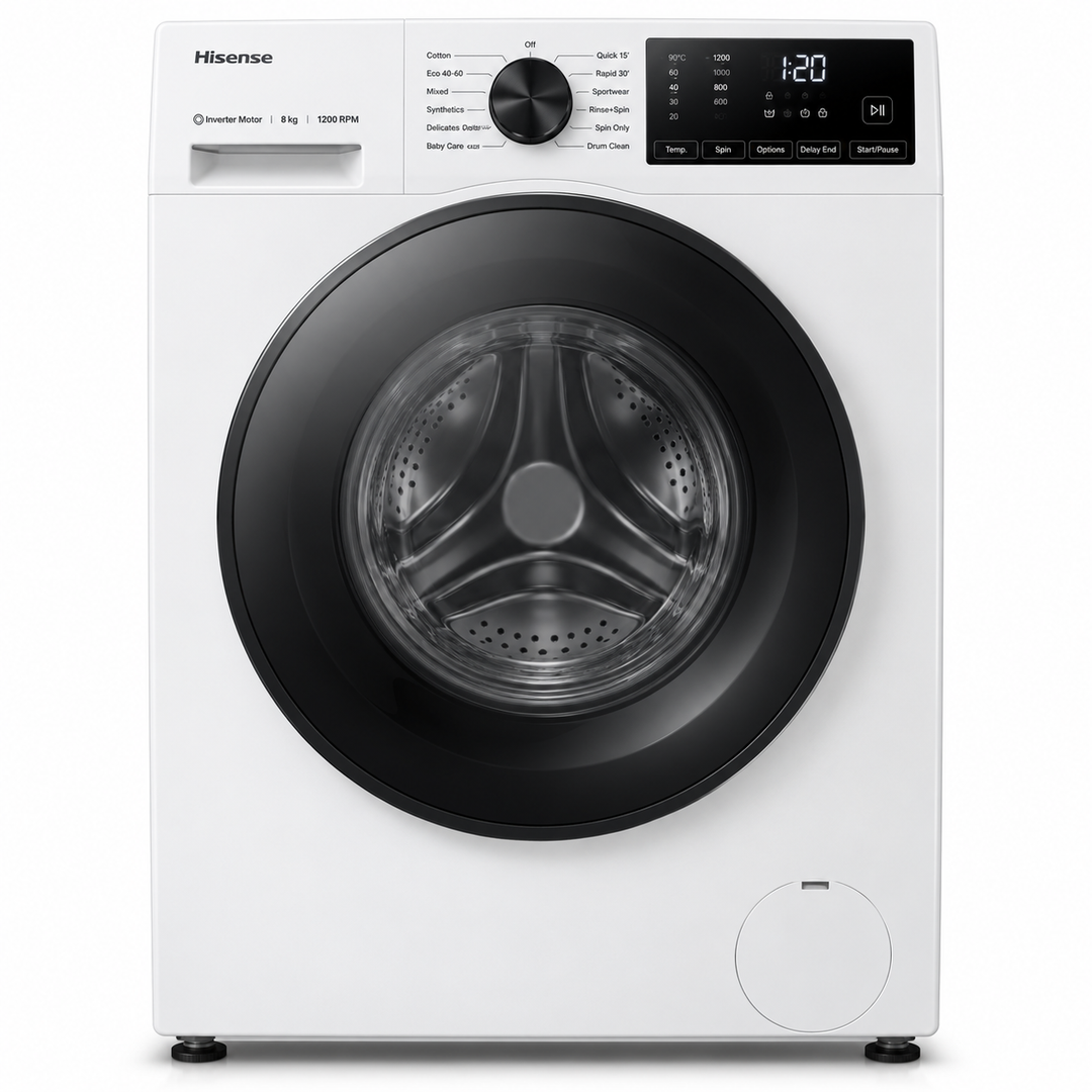 Hisense 8kg Front Load Washing Machine, 1200 RPM, Inverter Motor, Steam Wash, White – WFSQ8012VMW - Teq Souq