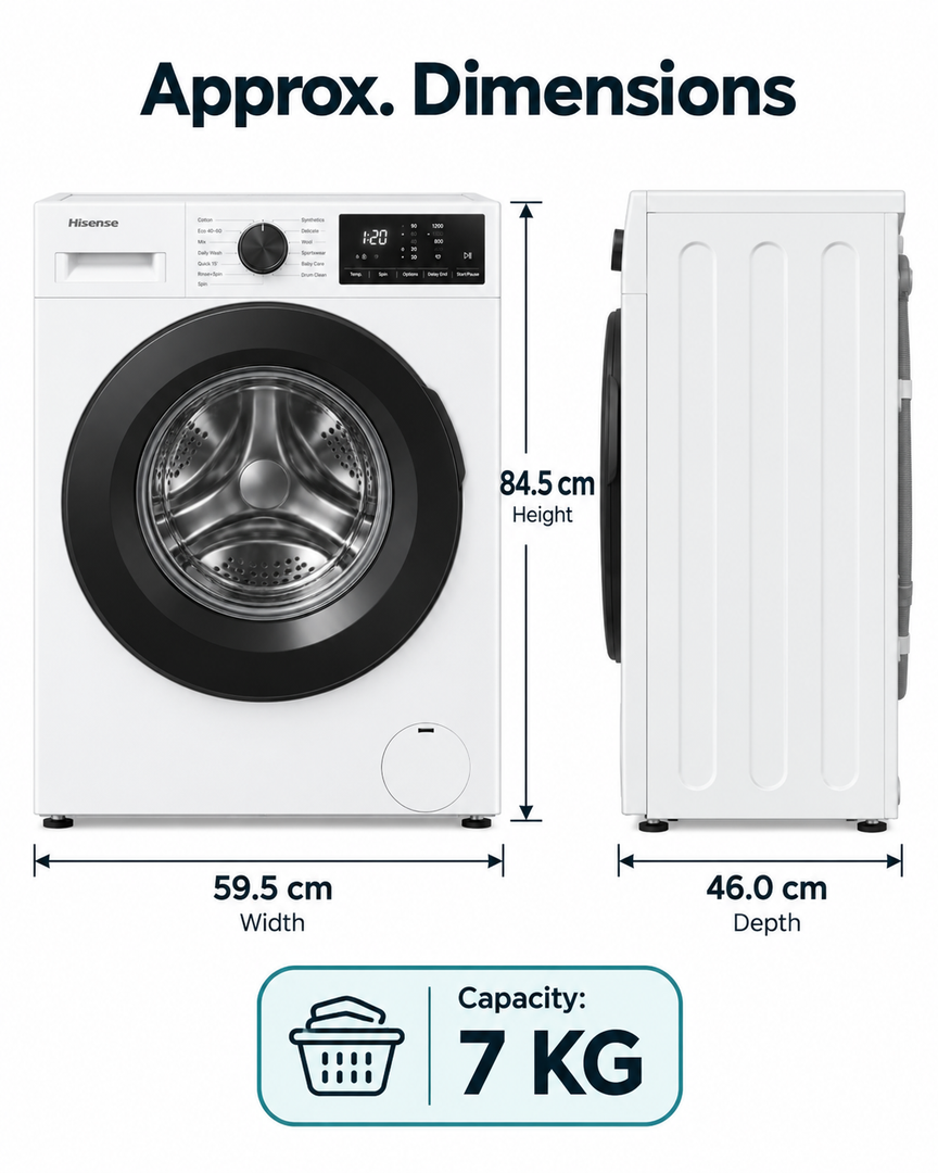 Hisense 7kg Front Load Washing Machine, 1200 RPM, Steam Wash, 15 Programs, White – WFVB7012M - Teq Souq