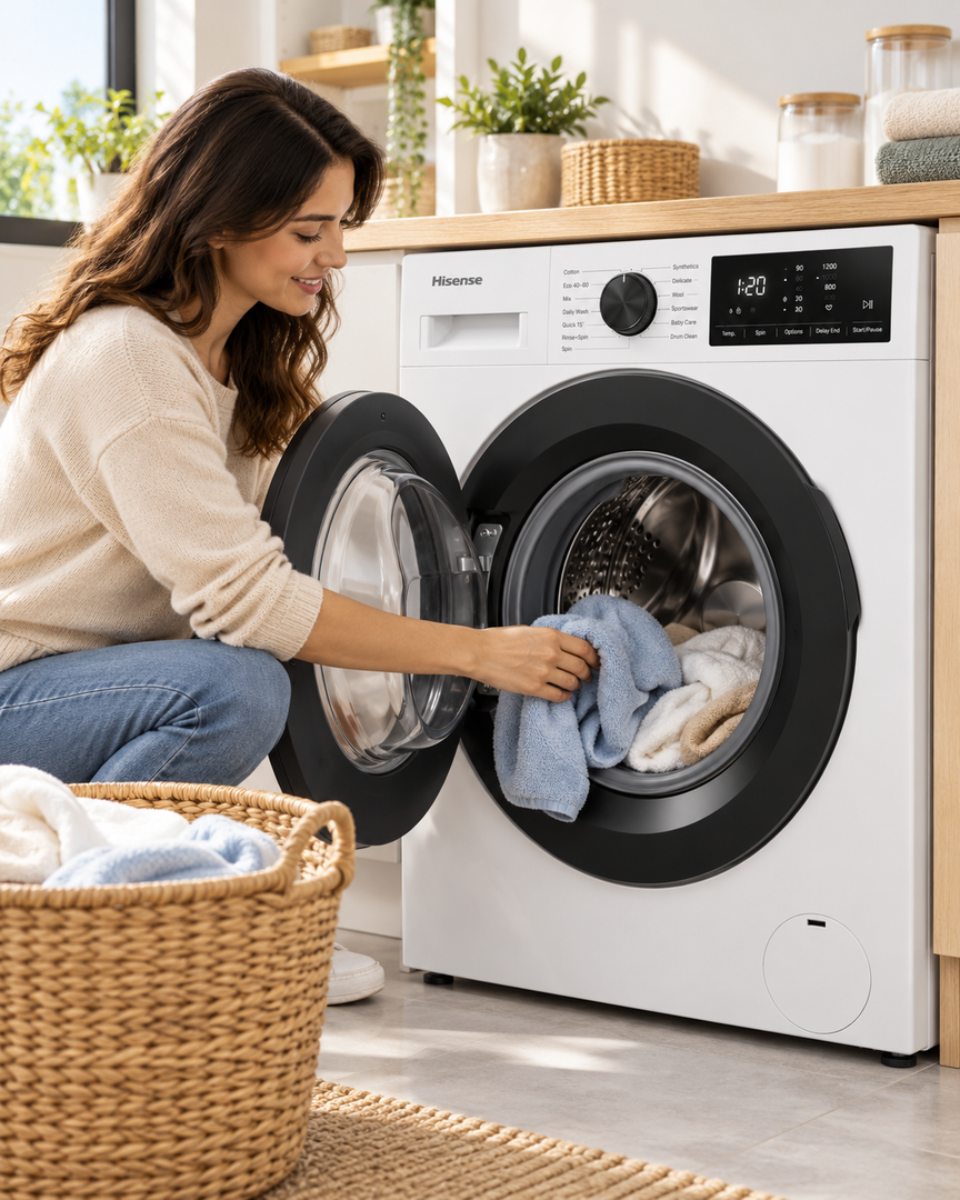 Hisense 7kg Front Load Washing Machine, 1200 RPM, Steam Wash, 15 Programs, White – WFVB7012M - Teq Souq