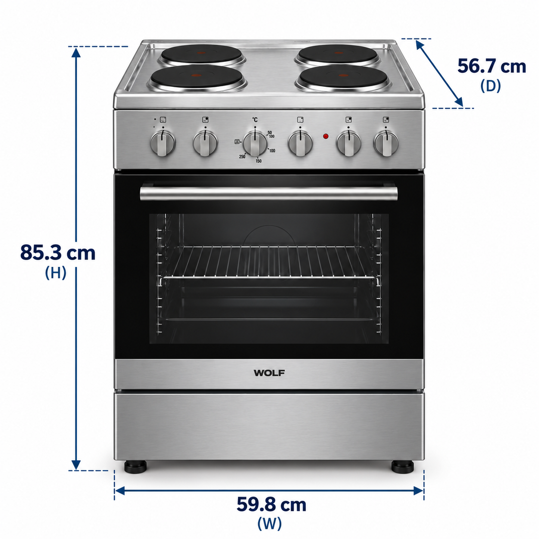 Wolf Power 60x60cm 4 Hot Plate Electric Cooker, 65L Oven with Fan, Stainless Steel – WGC6060HERMF - Teq Souq