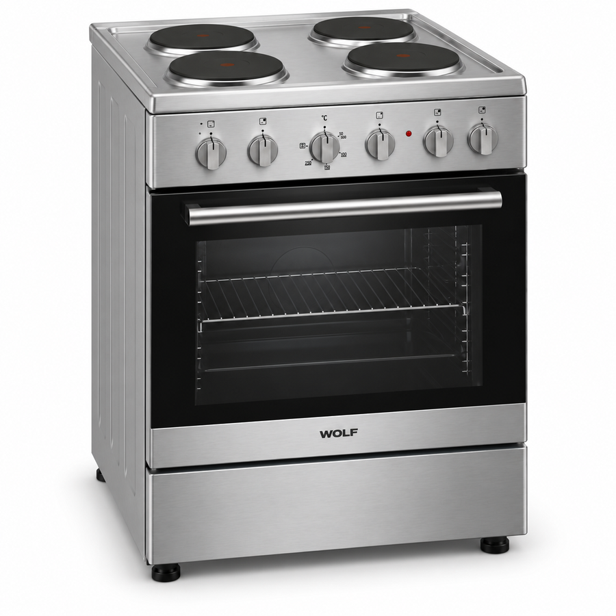 Wolf Power 60x60cm 4 Hot Plate Electric Cooker, 65L Oven with Fan, Stainless Steel – WGC6060HERMF - Teq Souq