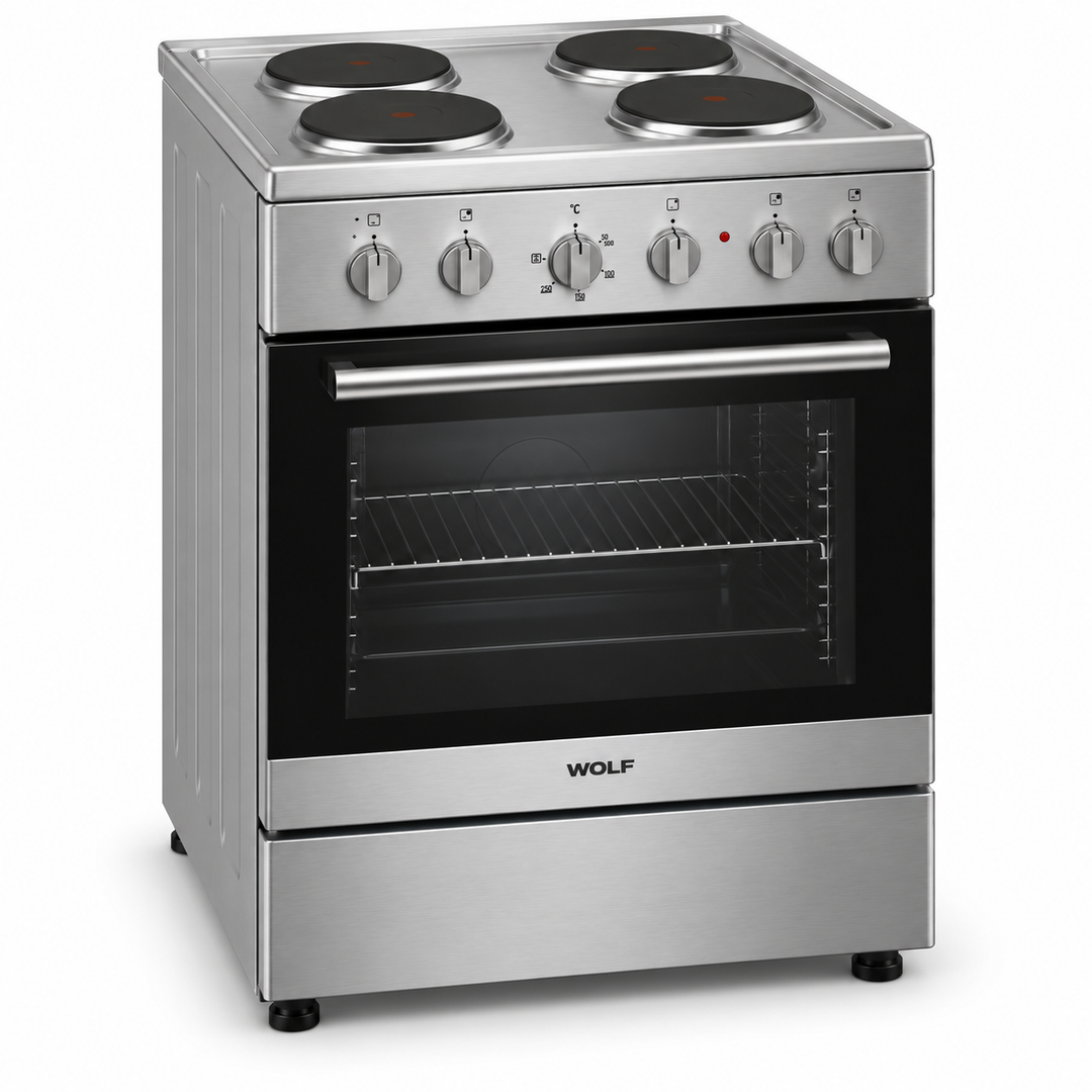 Wolf Power 60x60cm 4 Hot Plate Electric Cooker, 65L Oven with Fan, Stainless Steel – WGC6060HERMF - Teq Souq