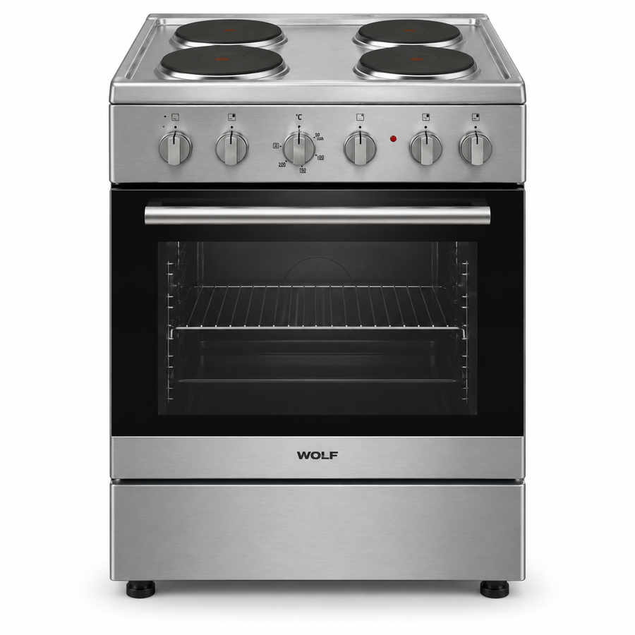 Wolf Power 60x60cm 4 Hot Plate Electric Cooker, 65L Oven with Fan, Stainless Steel – WGC6060HERMF - Teq Souq