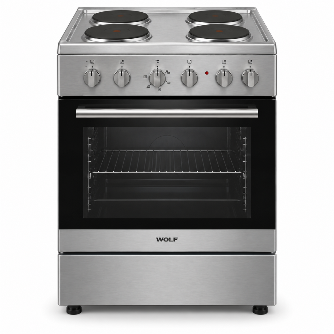 Wolf Power 60x60cm 4 Hot Plate Electric Cooker, 65L Oven with Fan, Stainless Steel – WGC6060HERMF - Teq Souq