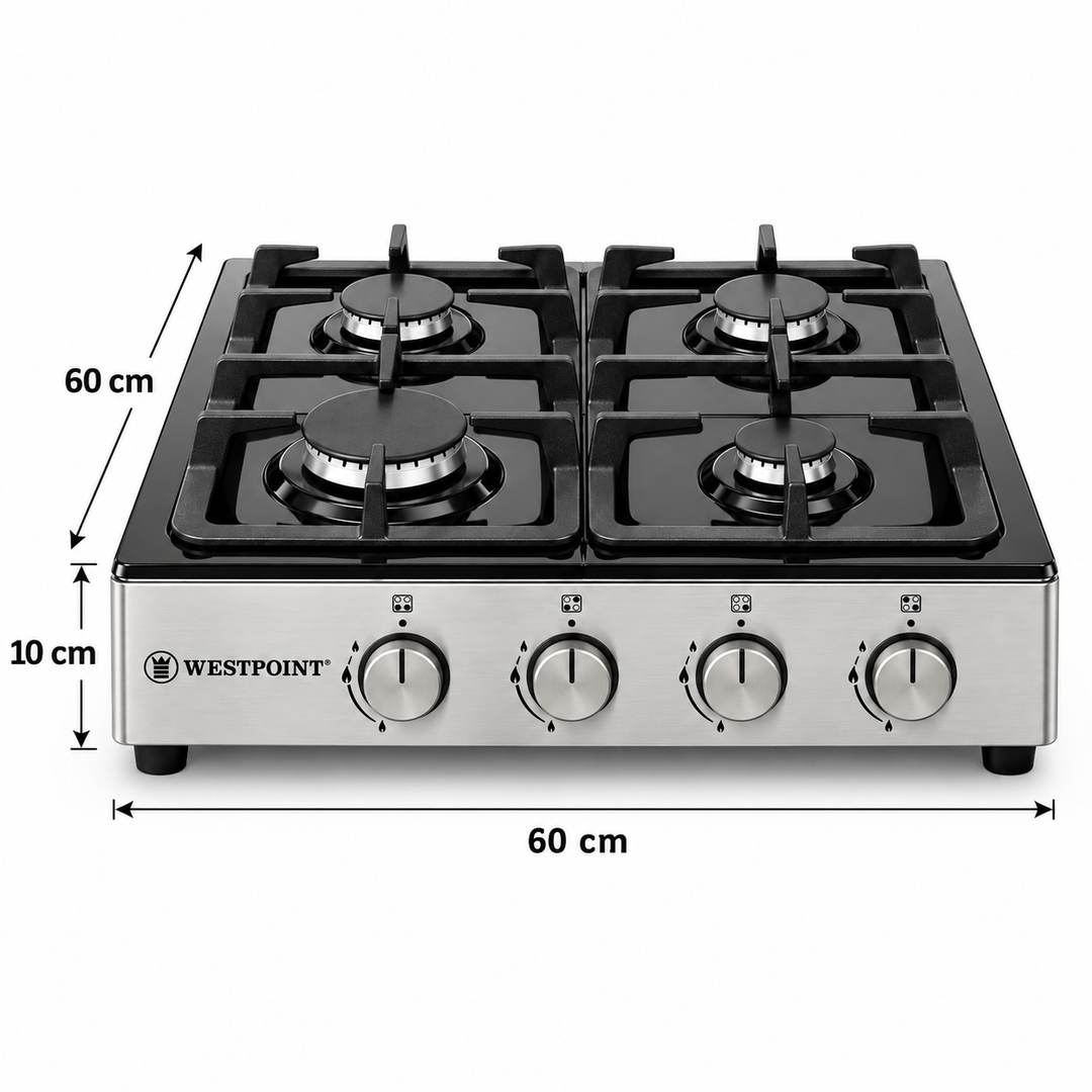 Westpoint 60cm 4 Burner Countertop Gas Hob, Auto Ignition, Cast Iron Supports, Stainless Steel – WGUJ-6640GIF - Teq Souq