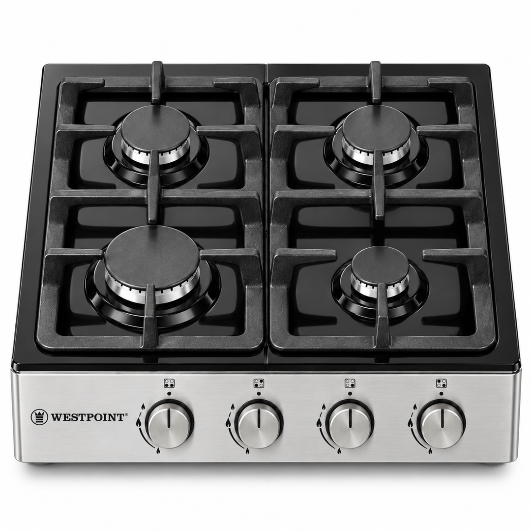 Westpoint 60cm 4 Burner Countertop Gas Hob, Auto Ignition, Cast Iron Supports, Stainless Steel – WGUJ-6640GIF - Teq Souq