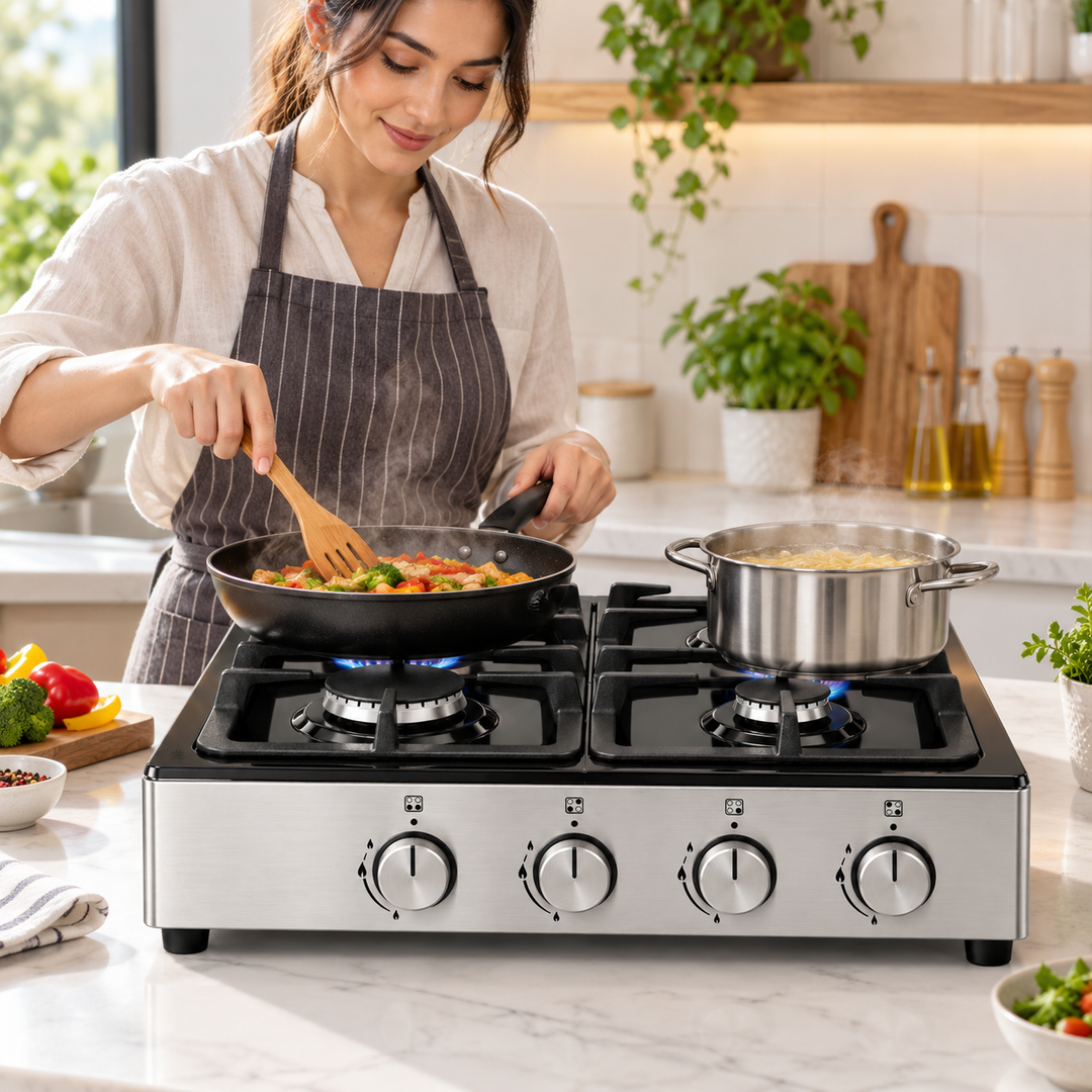Westpoint 60cm 4 Burner Countertop Gas Hob, Auto Ignition, Cast Iron Supports, Stainless Steel – WGUJ-6640GIF - Teq Souq