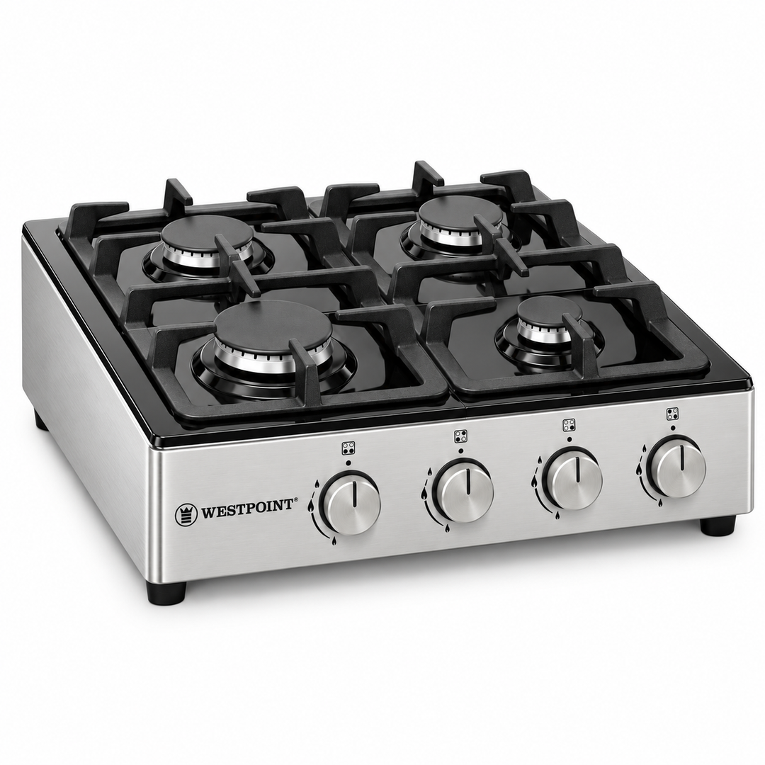 Westpoint 60cm 4 Burner Countertop Gas Hob, Auto Ignition, Cast Iron Supports, Stainless Steel – WGUJ-6640GIF - Teq Souq