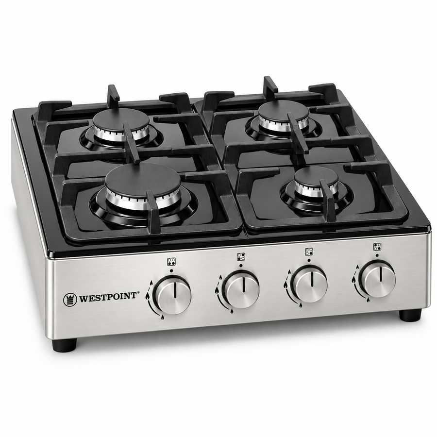 Westpoint 60cm 4 Burner Countertop Gas Hob, Auto Ignition, Cast Iron Supports, Stainless Steel – WGUJ-6640GIF - Teq Souq