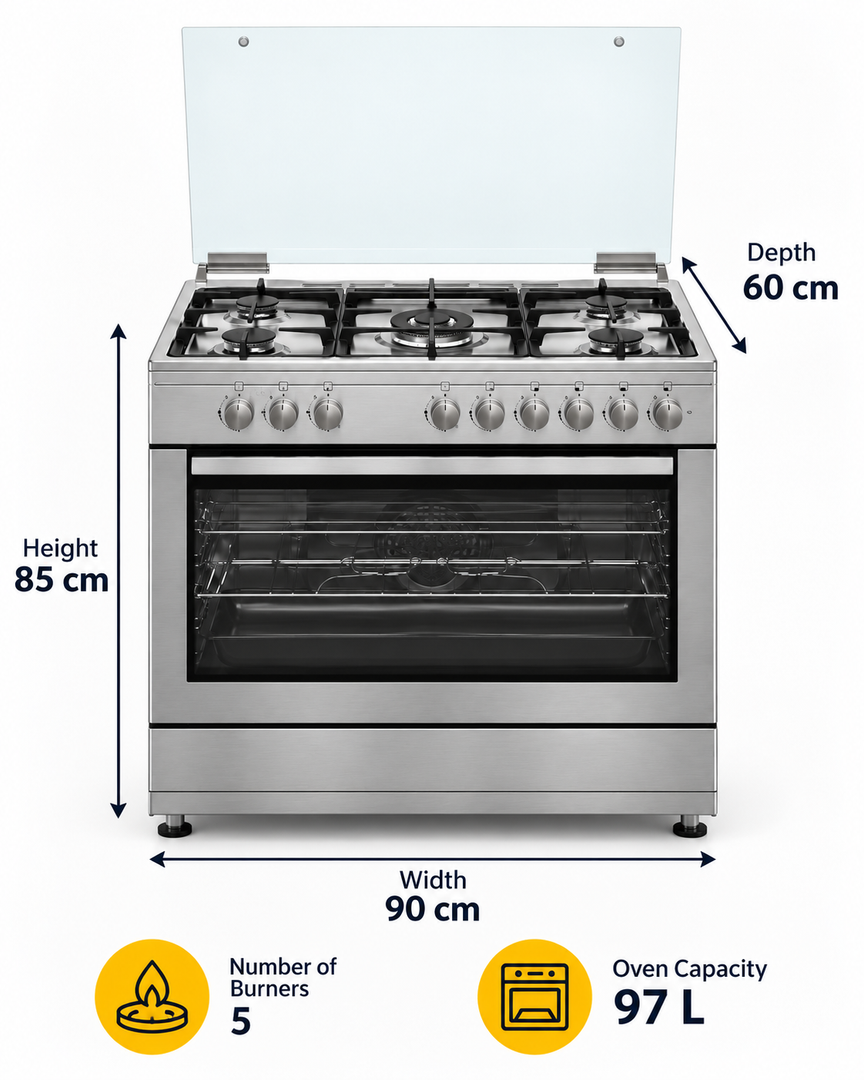 Whirlpool 90x60cm 5 Burner Freestanding Gas Cooker, 97L Gas Oven & Grill, Cast Iron, Inox – WM9GC1KCX/MEA - Teq Souq