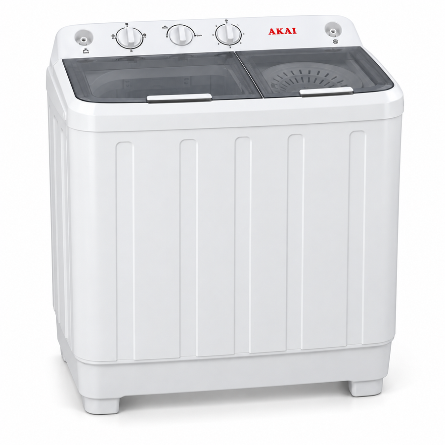 AKAI 9kg Twin Tub Semi-Automatic Washing Machine, Top Load, Spin Dryer, White – WMMA-X09TT - Teq Souq