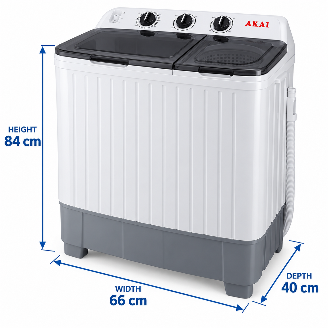 AKAI 5kg Twin Tub Semi-Automatic Washing Machine, Top Load, Spin Dryer, White – WMMA-XTT51W - Teq Souq