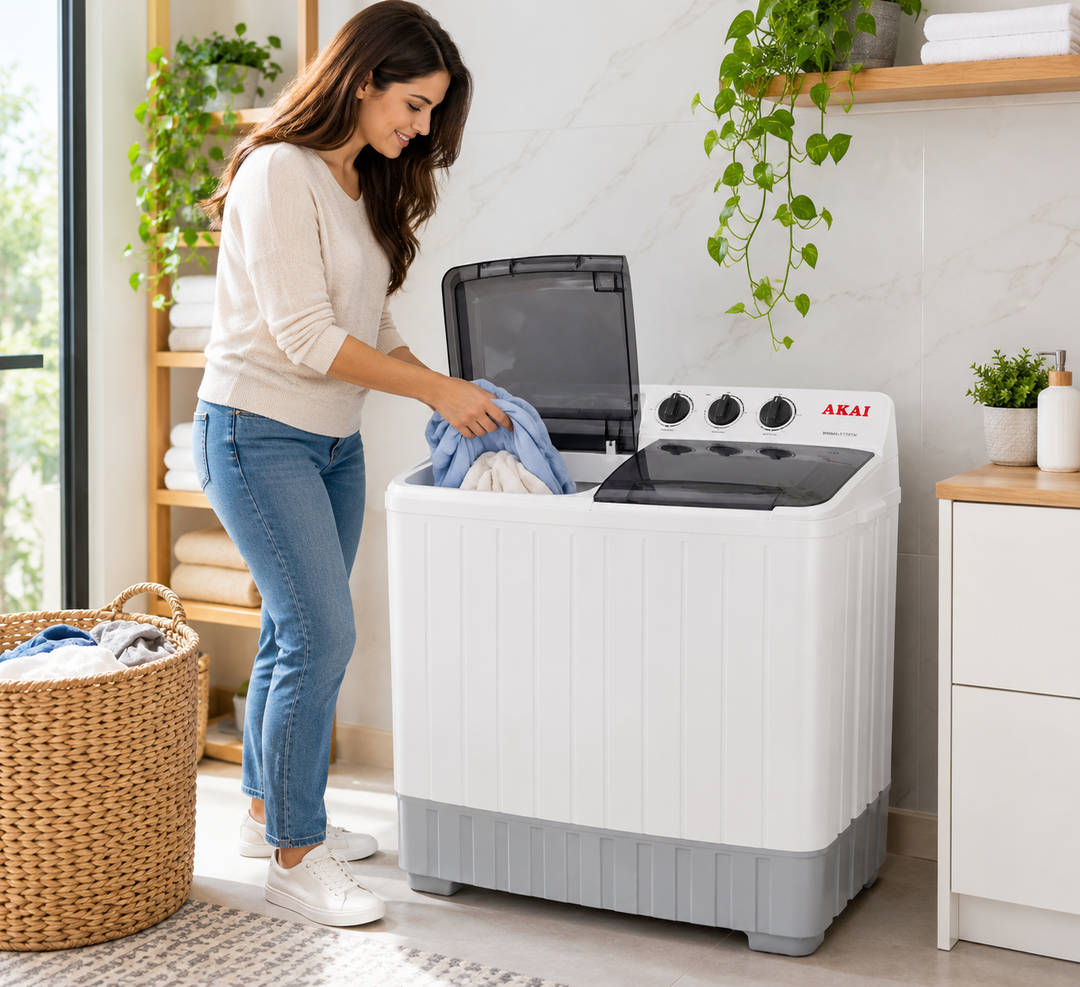 AKAI 5kg Twin Tub Semi-Automatic Washing Machine, Top Load, Spin Dryer, White – WMMA-XTT51W - Teq Souq