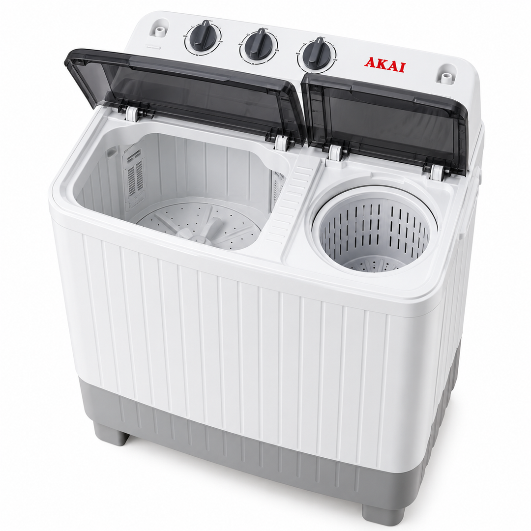 AKAI 5kg Twin Tub Semi-Automatic Washing Machine, Top Load, Spin Dryer, White – WMMA-XTT51W - Teq Souq