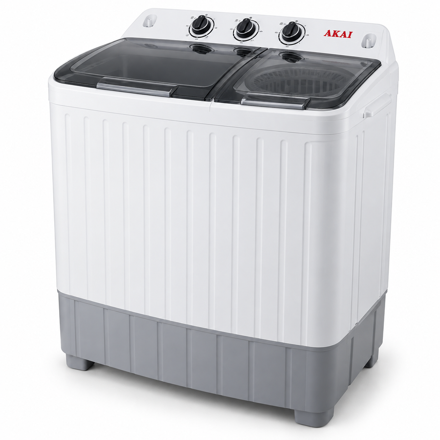 AKAI 5kg Twin Tub Semi-Automatic Washing Machine, Top Load, Spin Dryer, White – WMMA-XTT51W - Teq Souq
