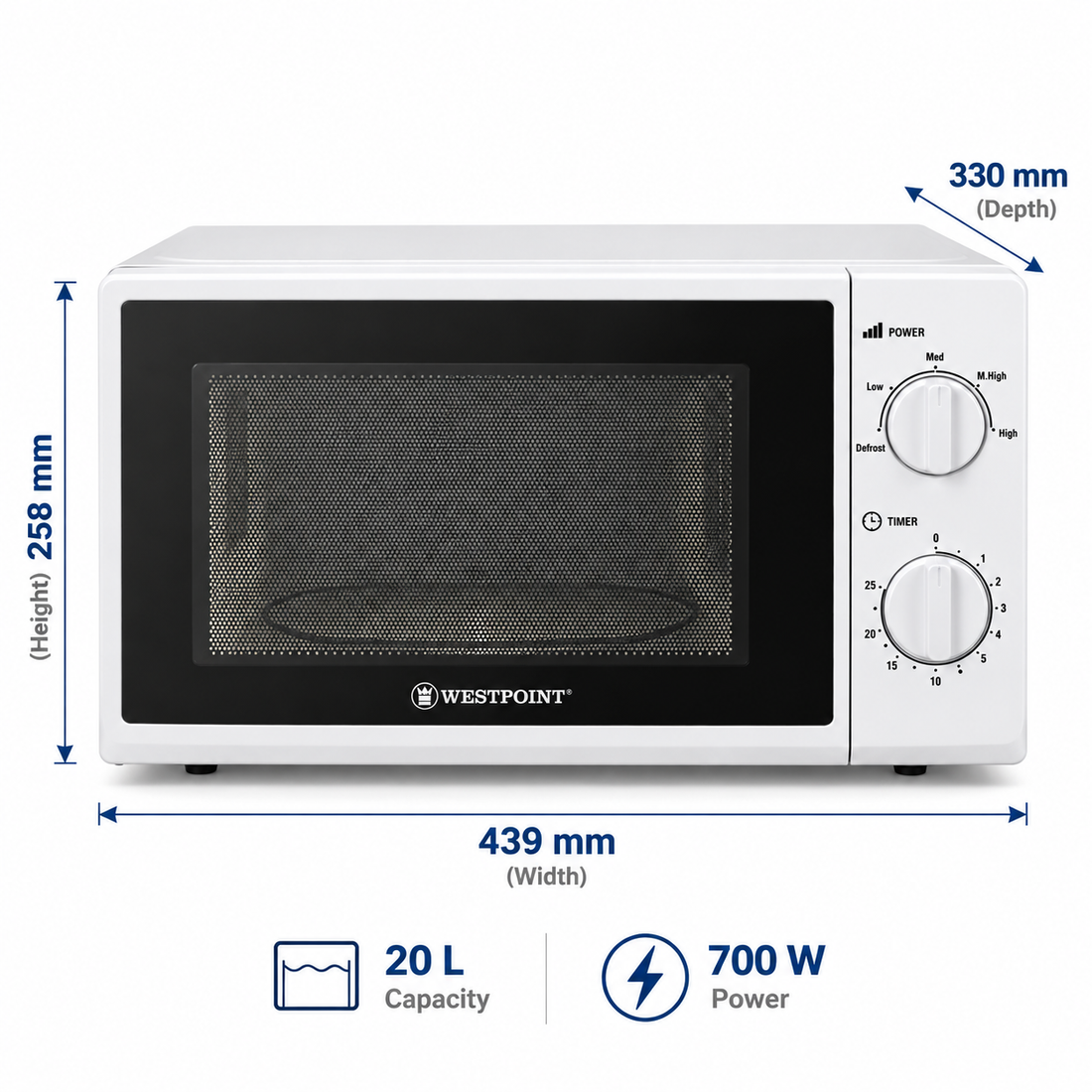 Westpoint 20L Solo Microwave Oven, 700W, 5 Power Levels, Defrost, Mechanical Control, White – WMS-2014 - Teq Souq