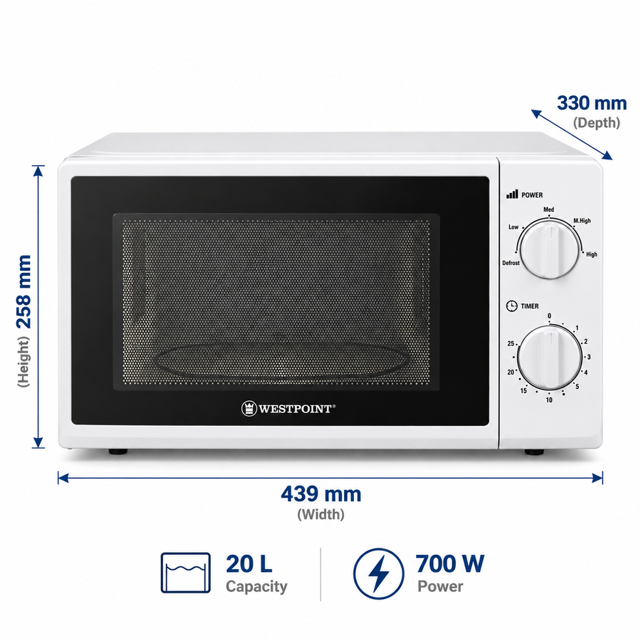 Westpoint 20L Solo Microwave Oven, 700W, 5 Power Levels, Defrost, Mechanical Control, White – WMS-2014 - Teq Souq