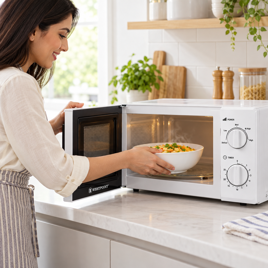 Westpoint 20L Solo Microwave Oven, 700W, 5 Power Levels, Defrost, Mechanical Control, White – WMS-2014 - Teq Souq