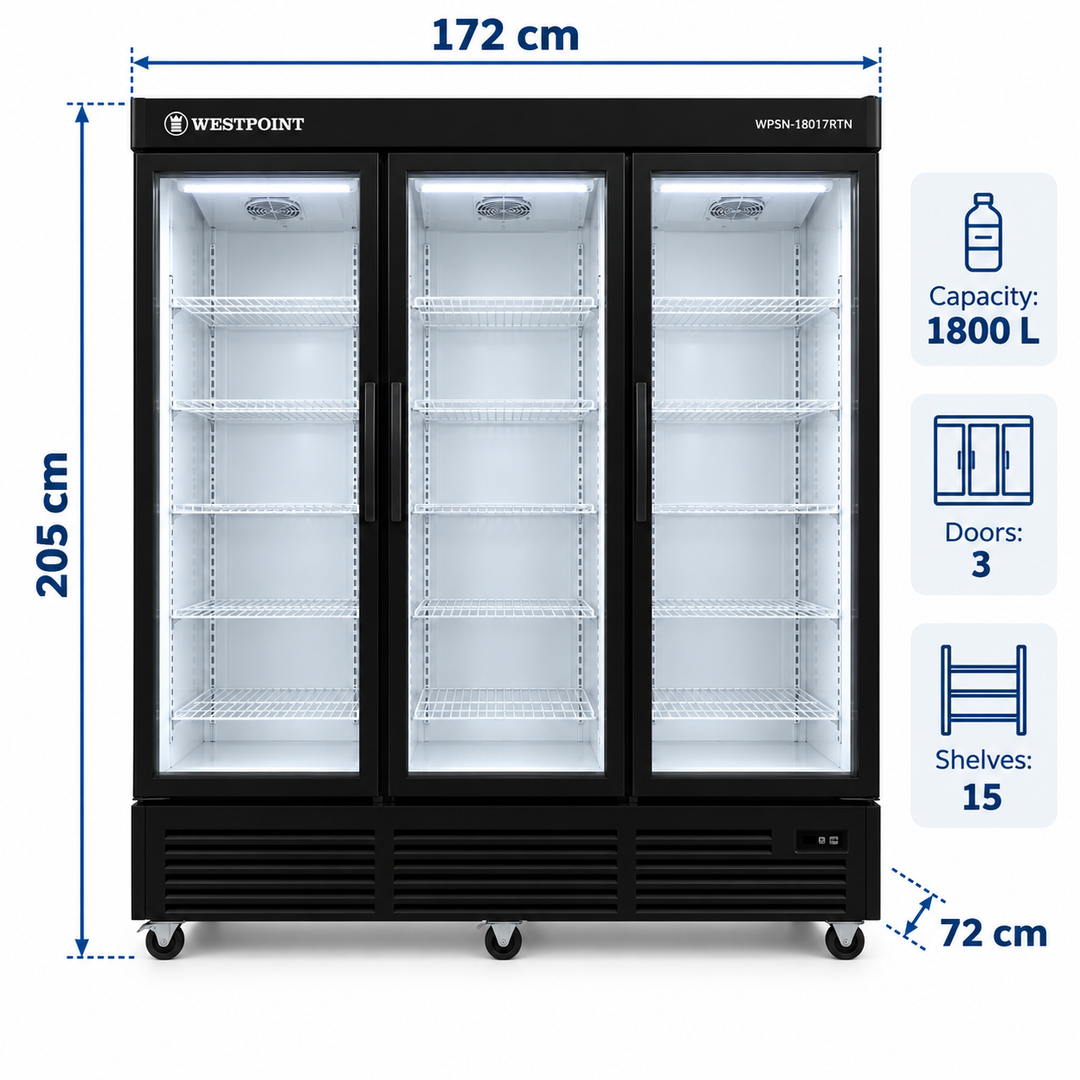 Westpoint 1800L 3-Door Upright Showcase Chiller, Glass Door Commercial Beverage Cooler, Black – WPSN-18017RTN - Teq Souq