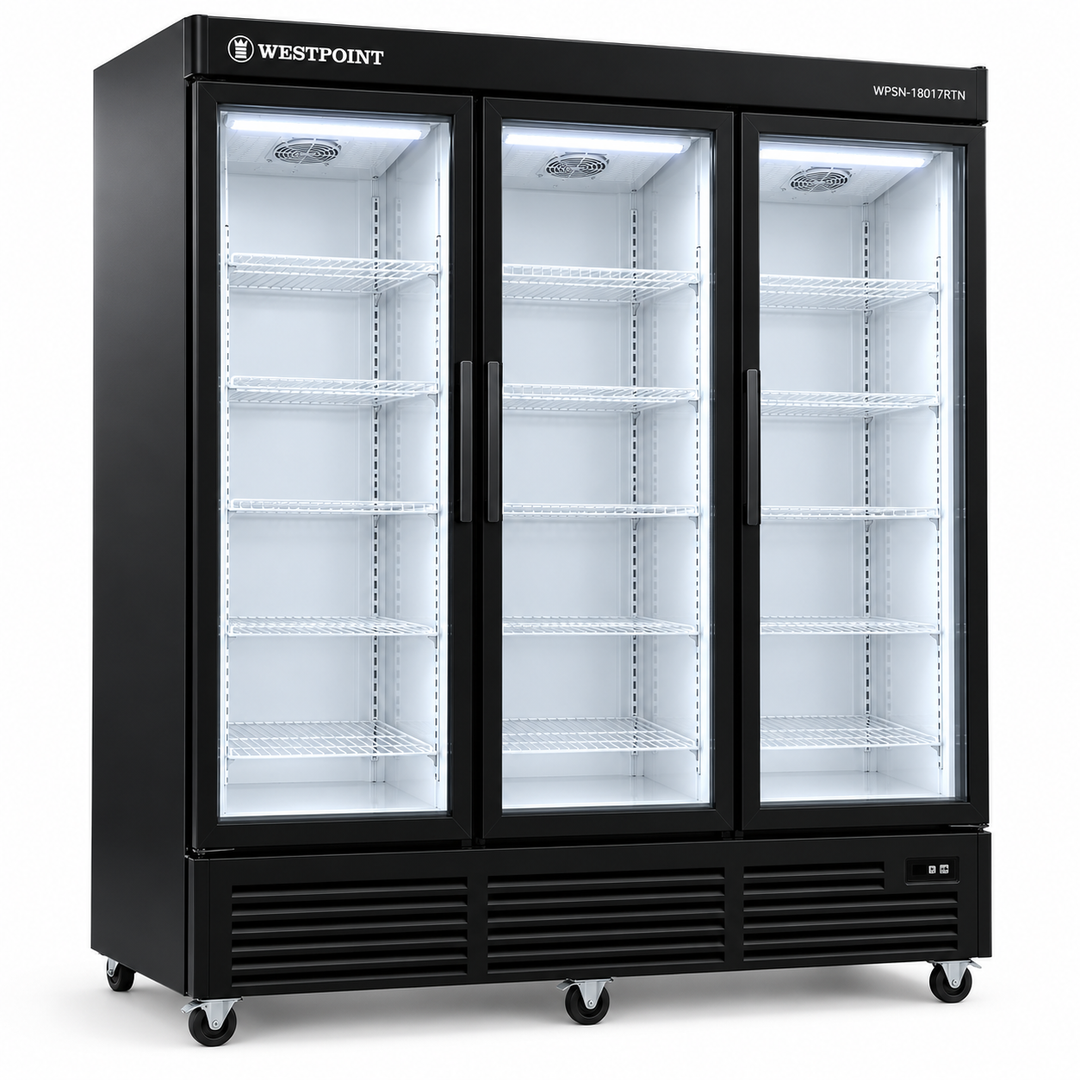 Westpoint 1800L 3-Door Upright Showcase Chiller, Glass Door Commercial Beverage Cooler, Black – WPSN-18017RTN - Teq Souq
