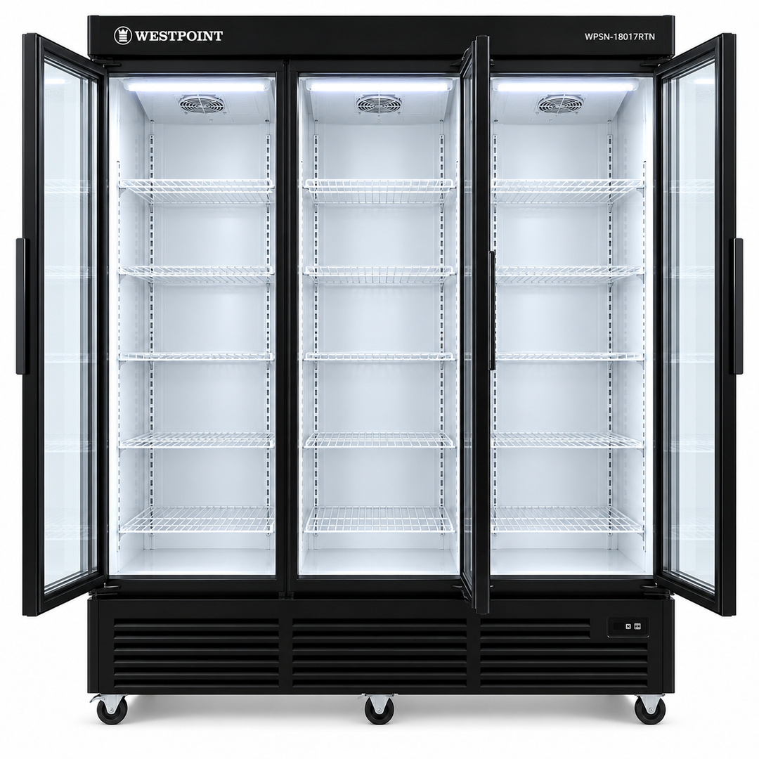 Westpoint 1800L 3-Door Upright Showcase Chiller, Glass Door Commercial Beverage Cooler, Black – WPSN-18017RTN - Teq Souq