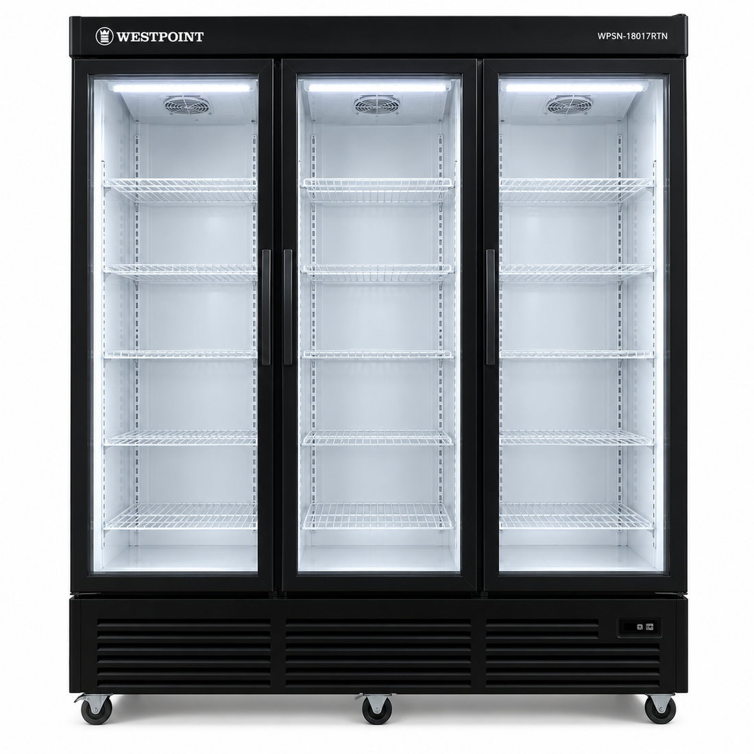 Westpoint 1800L 3-Door Upright Showcase Chiller, Glass Door Commercial Beverage Cooler, Black – WPSN-18017RTN - Teq Souq
