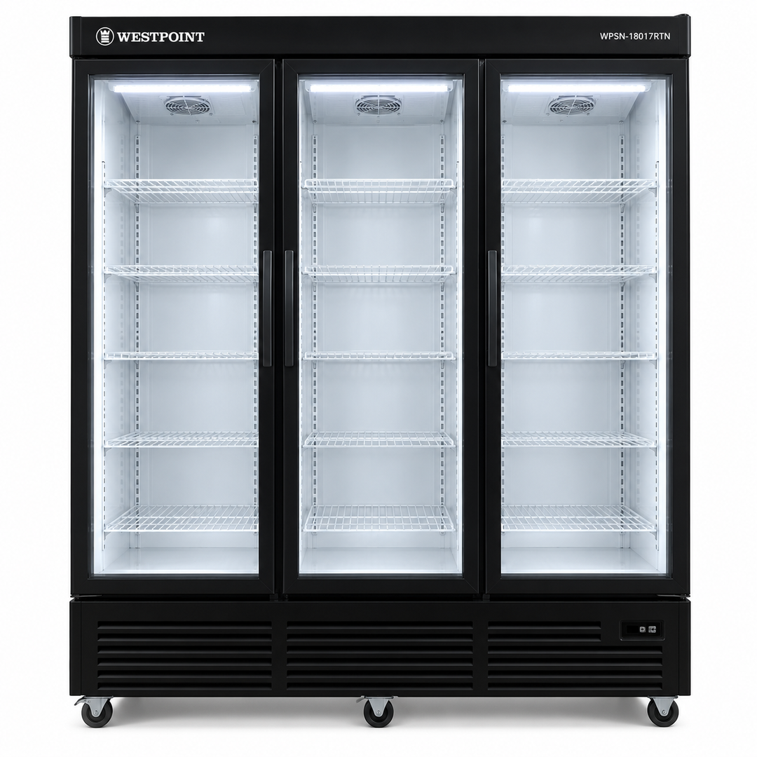 Westpoint 1800L 3-Door Upright Showcase Chiller, Glass Door Commercial Beverage Cooler, Black – WPSN-18017RTN - Teq Souq