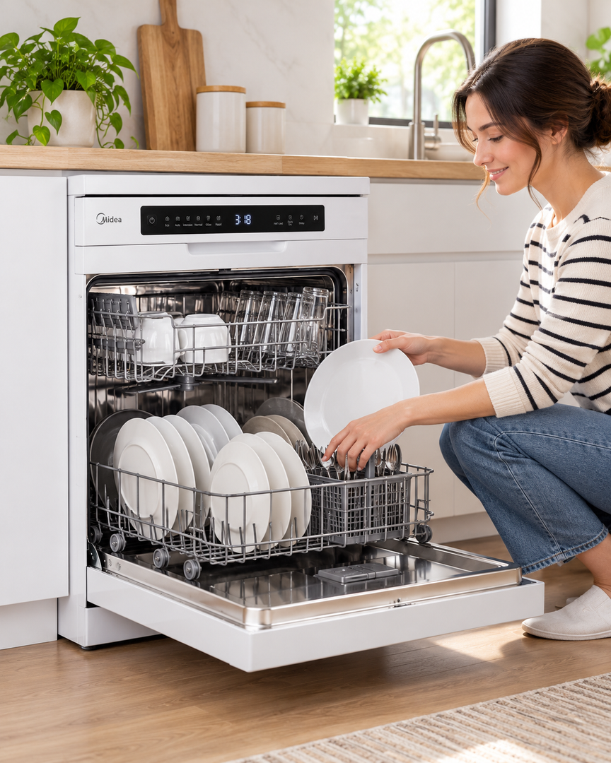 Midea 14 Place Settings Smart Freestanding Dishwasher, 8 Programs, Wi-Fi, White – WQP14-W7633CW - Teq Souq