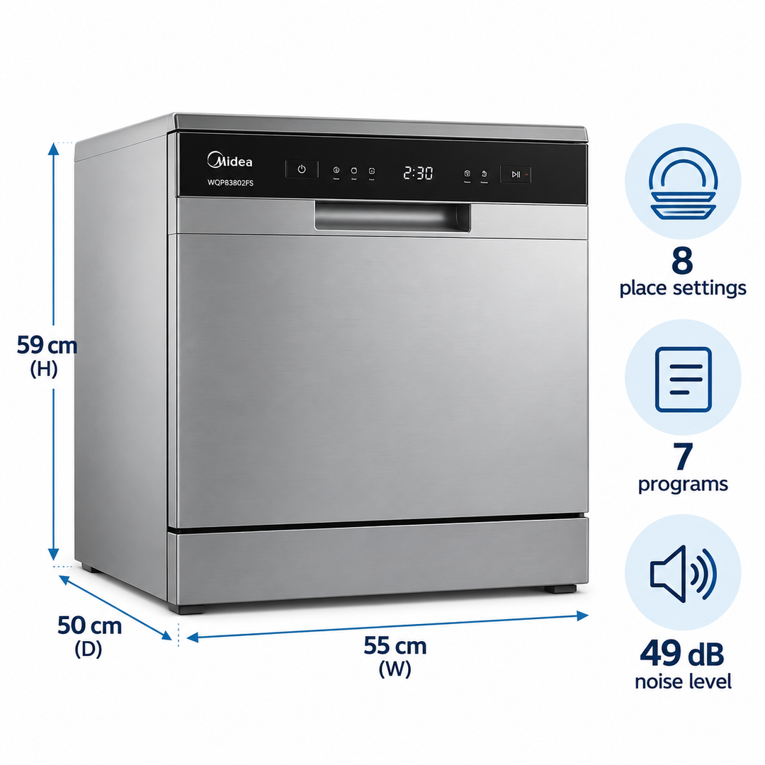 Midea 8 Place Settings Countertop Dishwasher, 7 Programs, Inverter Quattro, Silver – WQP83802FS - Teq Souq
