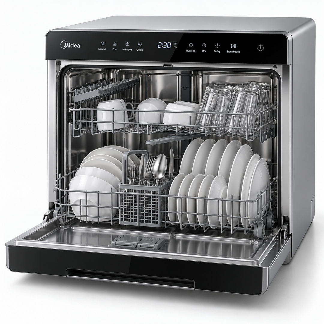 Midea 8 Place Settings Countertop Dishwasher, 7 Programs, Inverter Quattro, Silver – WQP83802FS - Teq Souq