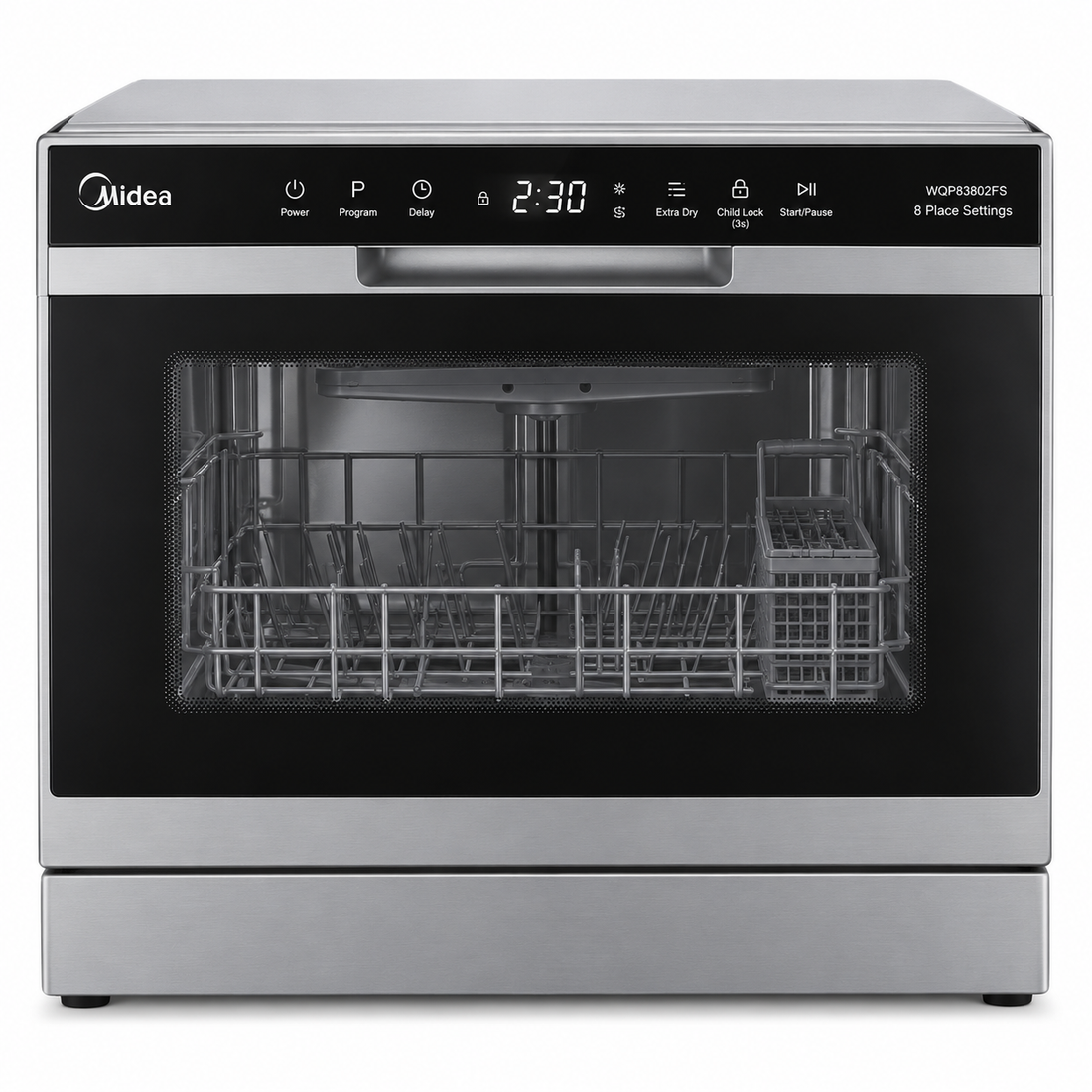 Midea 8 Place Settings Countertop Dishwasher, 7 Programs, Inverter Quattro, Silver – WQP83802FS - Teq Souq