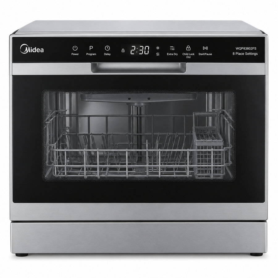 Midea 8 Place Settings Countertop Dishwasher, 7 Programs, Inverter Quattro, Silver – WQP83802FS - Teq Souq