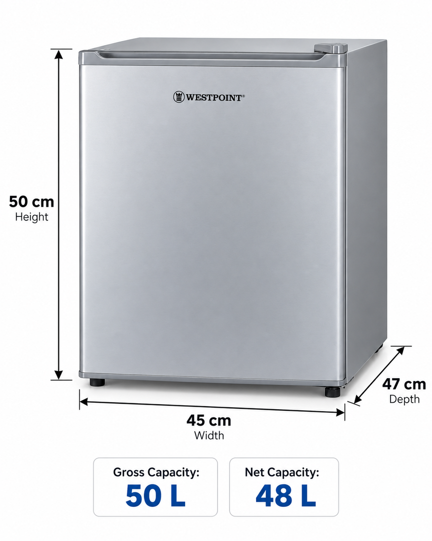 Westpoint 50L Single Door Mini Refrigerator, Manual Defrost, Lock & Key, Silver – WROK-521EI - Teq Souq