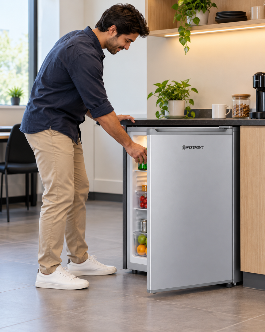 Westpoint 50L Single Door Mini Refrigerator, Manual Defrost, Lock & Key, Silver – WROK-521EI - Teq Souq