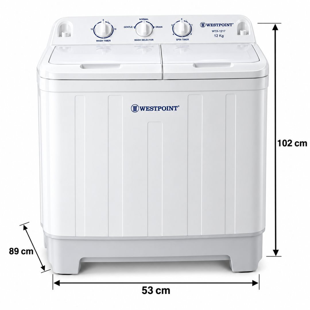 Westpoint 12kg Semi-Automatic Twin Tub Washing Machine, Top Load, Spin Dryer, White – WTX-1217 - Teq Souq