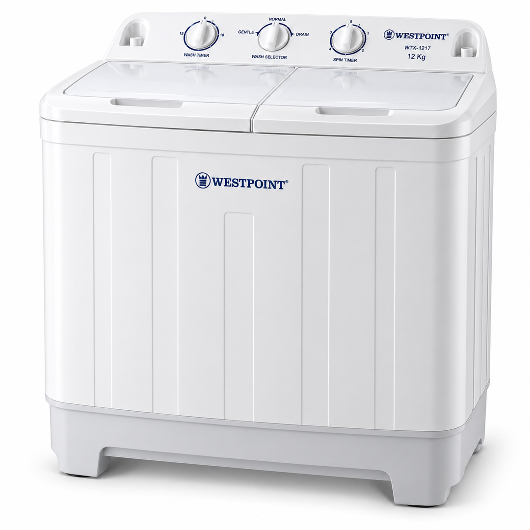 Westpoint 12kg Semi-Automatic Twin Tub Washing Machine, Top Load, Spin Dryer, White – WTX-1217 - Teq Souq