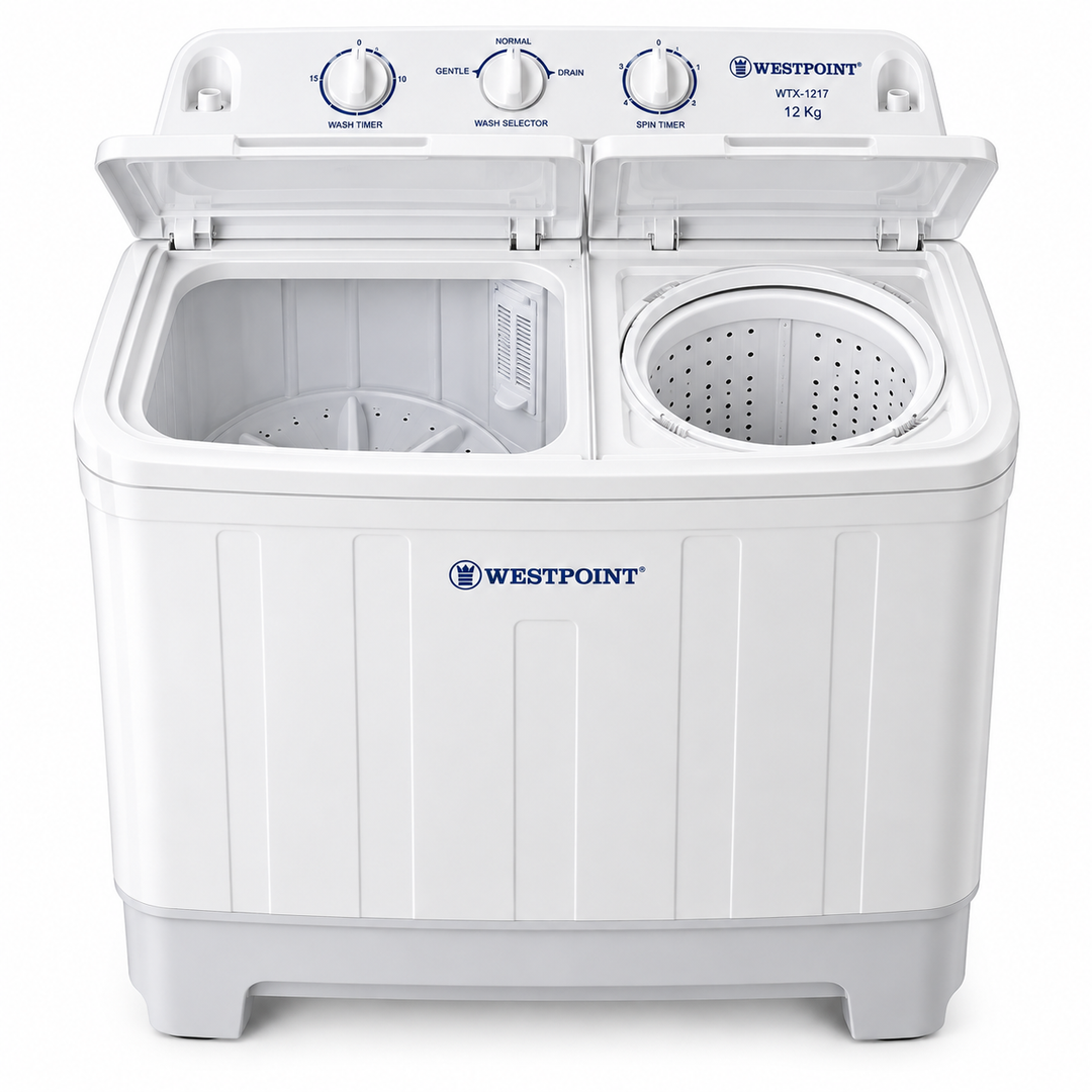 Westpoint 12kg Semi-Automatic Twin Tub Washing Machine, Top Load, Spin Dryer, White – WTX-1217 - Teq Souq