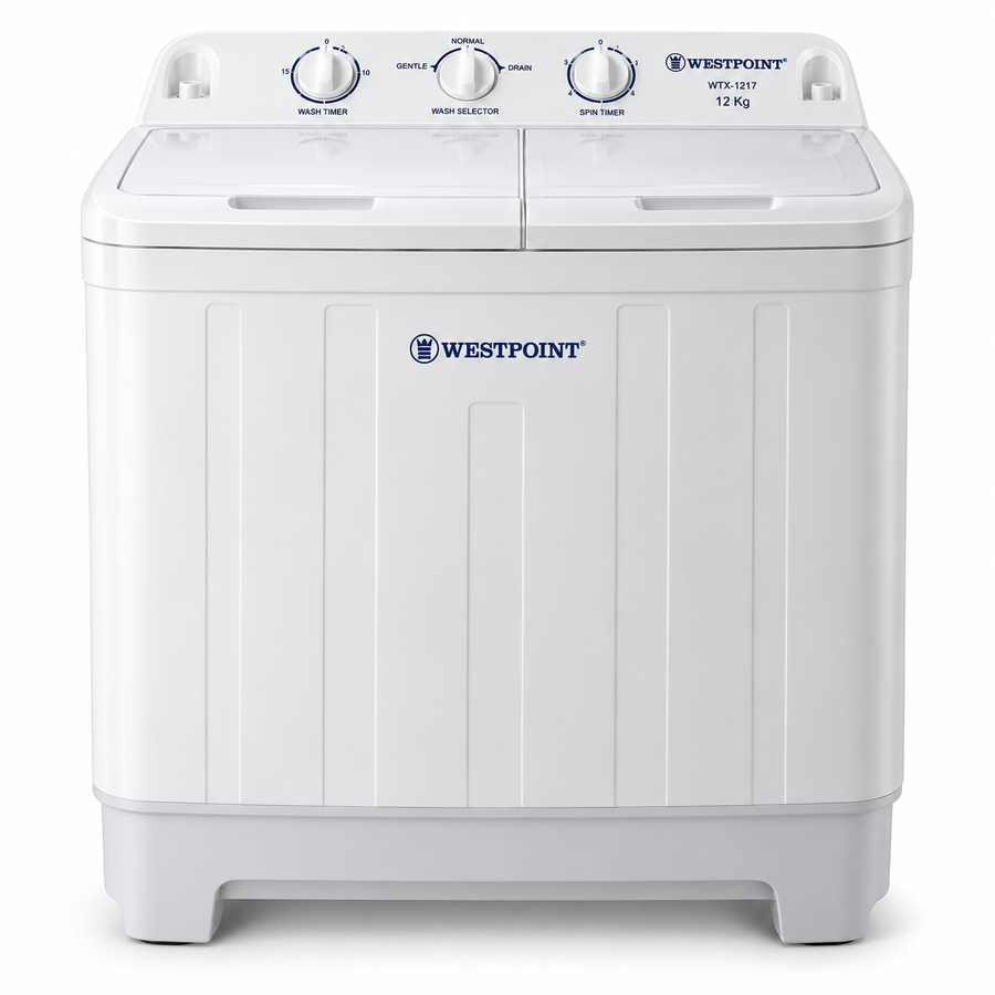 Westpoint 12kg Semi-Automatic Twin Tub Washing Machine, Top Load, Spin Dryer, White – WTX-1217 - Teq Souq