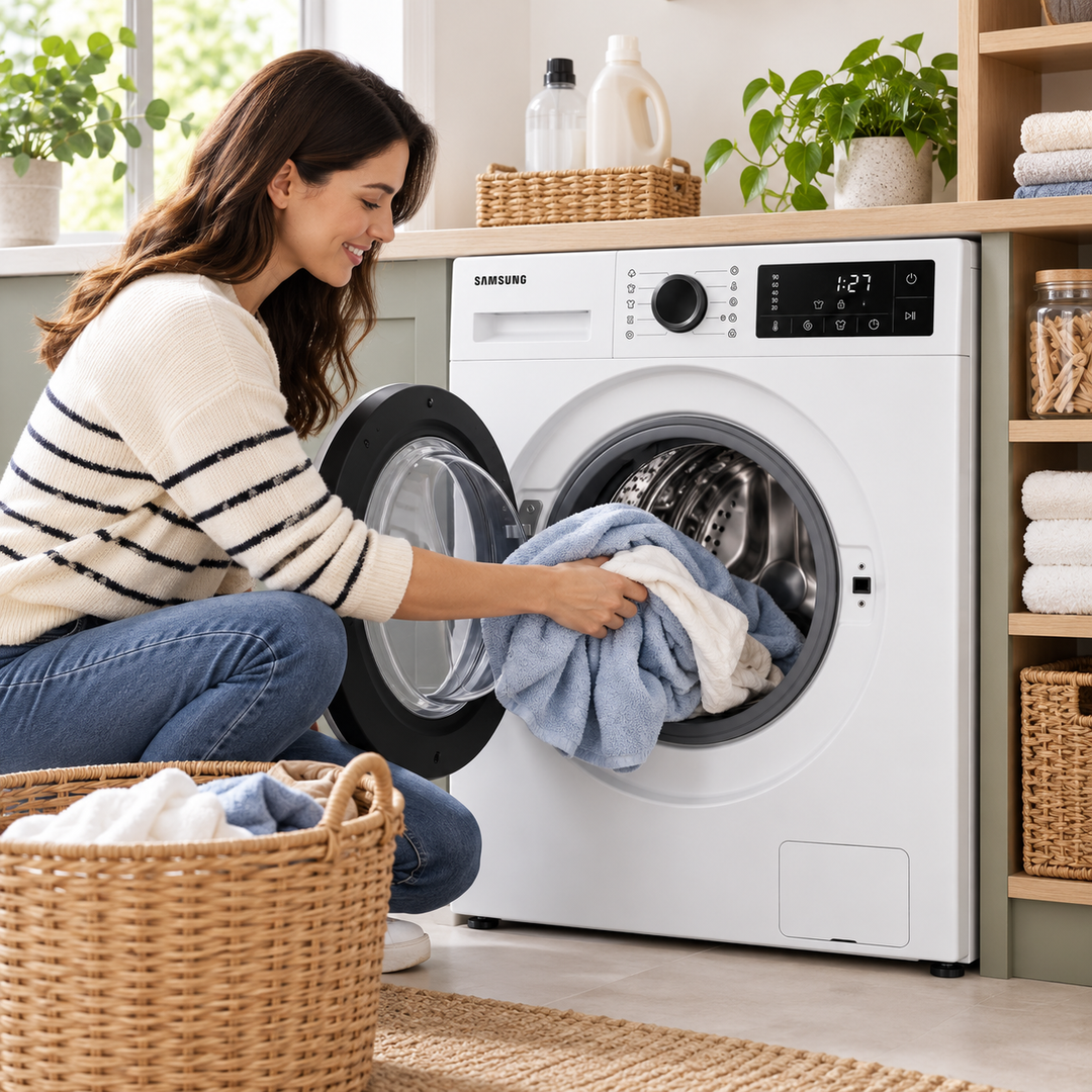 Samsung 8kg Front Load Washing Machine, Hygiene Steam, Digital Inverter, 1400 RPM, White – WW80FG3M05AWGU - Teq Souq