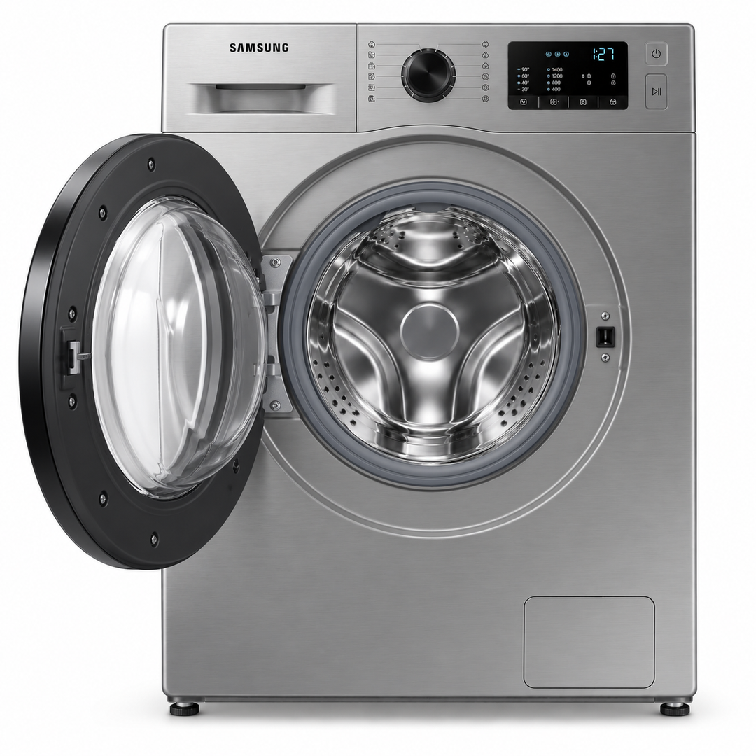 Samsung 8kg Front Load Washing Machine, EcoBubble, Hygiene Steam, 1400 RPM, Silver – WW80TA046AX - Teq Souq